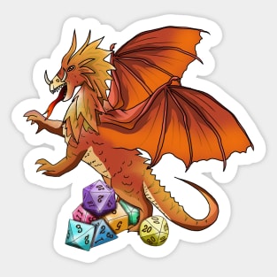 A fierce orange dragon with a forked tongue guards dnd dice Sticker